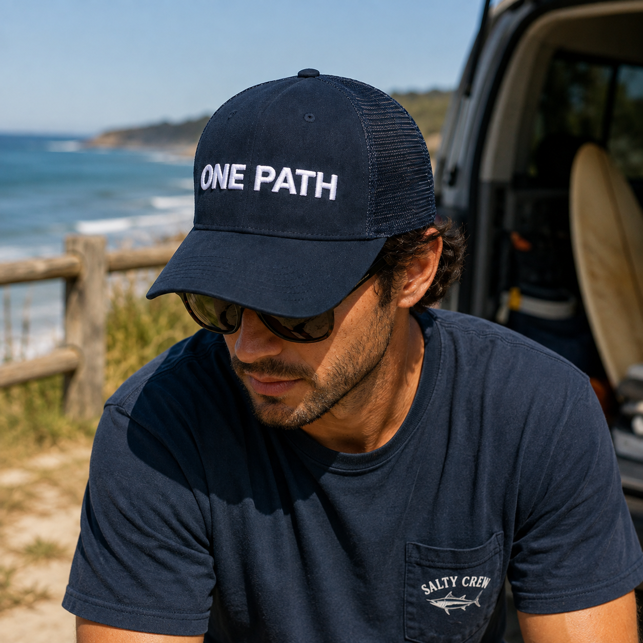 Navy ONE PATH Suede Mesh Embroidered 5-Panel Trucker Cap