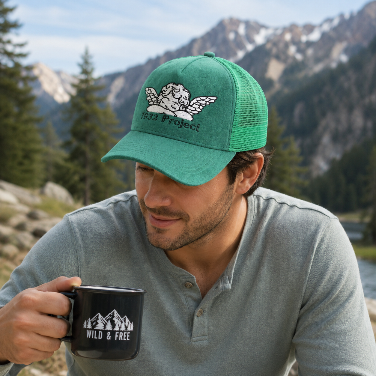 Emerald Green Suede Mesh Trucker Cap with Cherub Embroidery