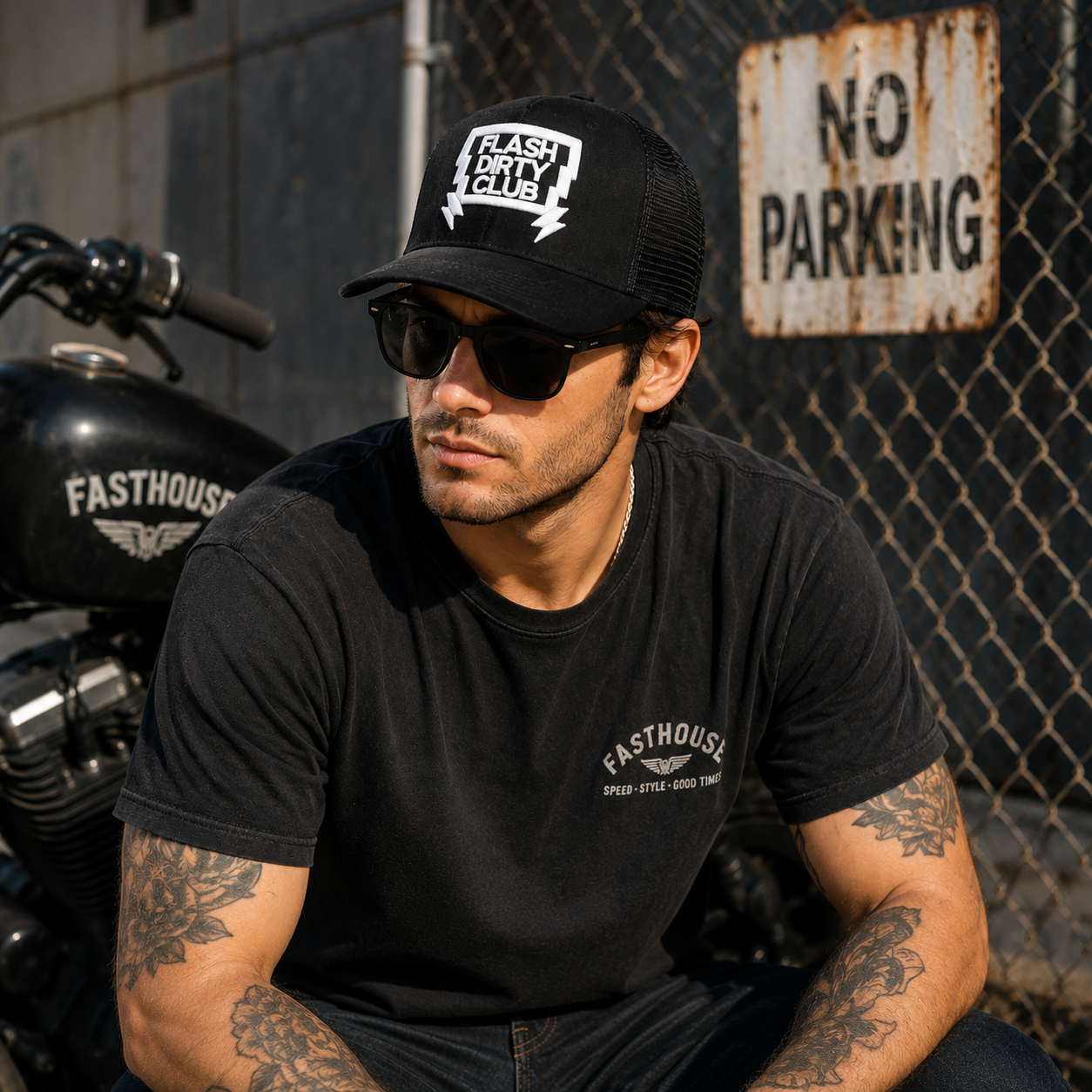 Black Suede Front Mesh Trucker Cap with Bold White Embroidered Graphic
