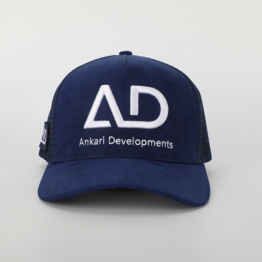 Navy Suede Mesh Embroidered Trucker Hat