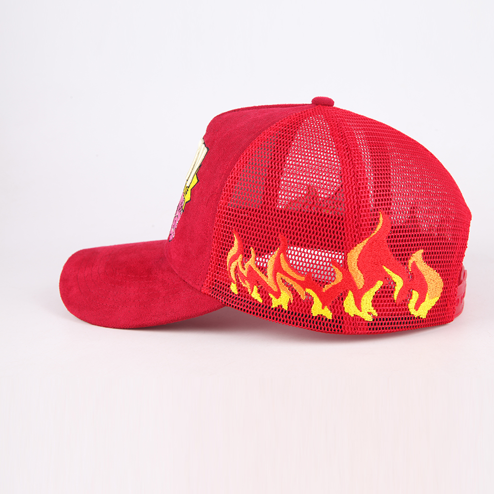 Red and Blue Suede-Style 5-Panel Mesh Trucker Caps with Raised Front Graphic Embroidery, Flame Side Detail and Curved Brim