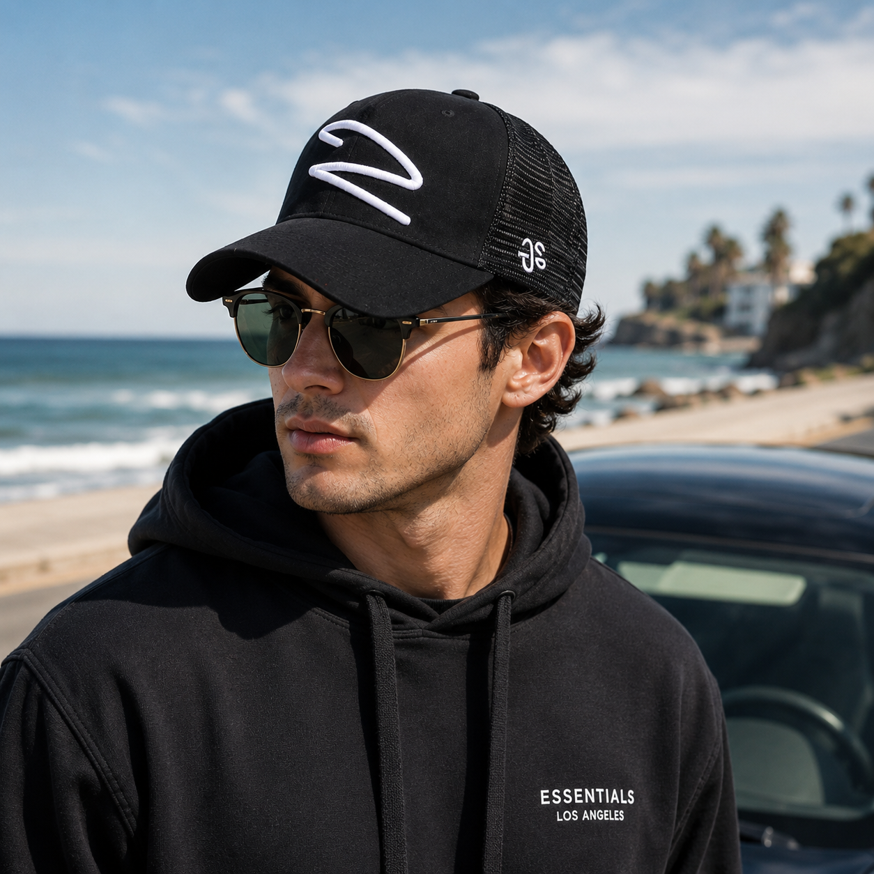 Black Suede Mesh Trucker Cap with White Embroidery Logo