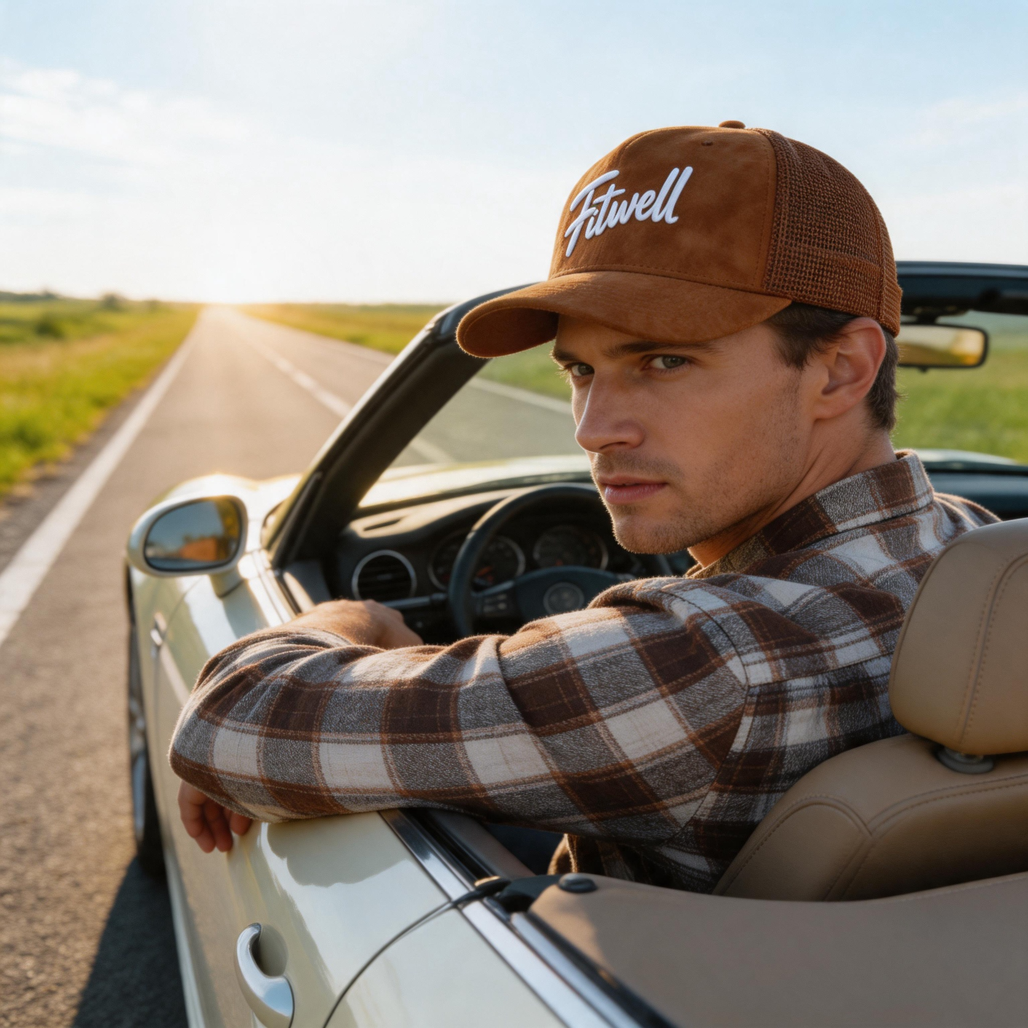 Premium Suede Trucker Cap with Embroidered Script Logo, Mesh Back Panels and Curved Brim – Unisex 5-Panel Casual Hat