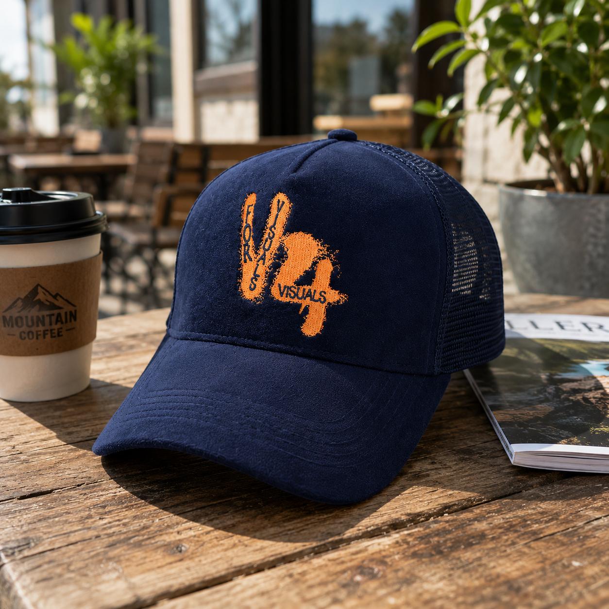 Navy Suede Mesh Trucker Cap with Orange Embroidered Graphic