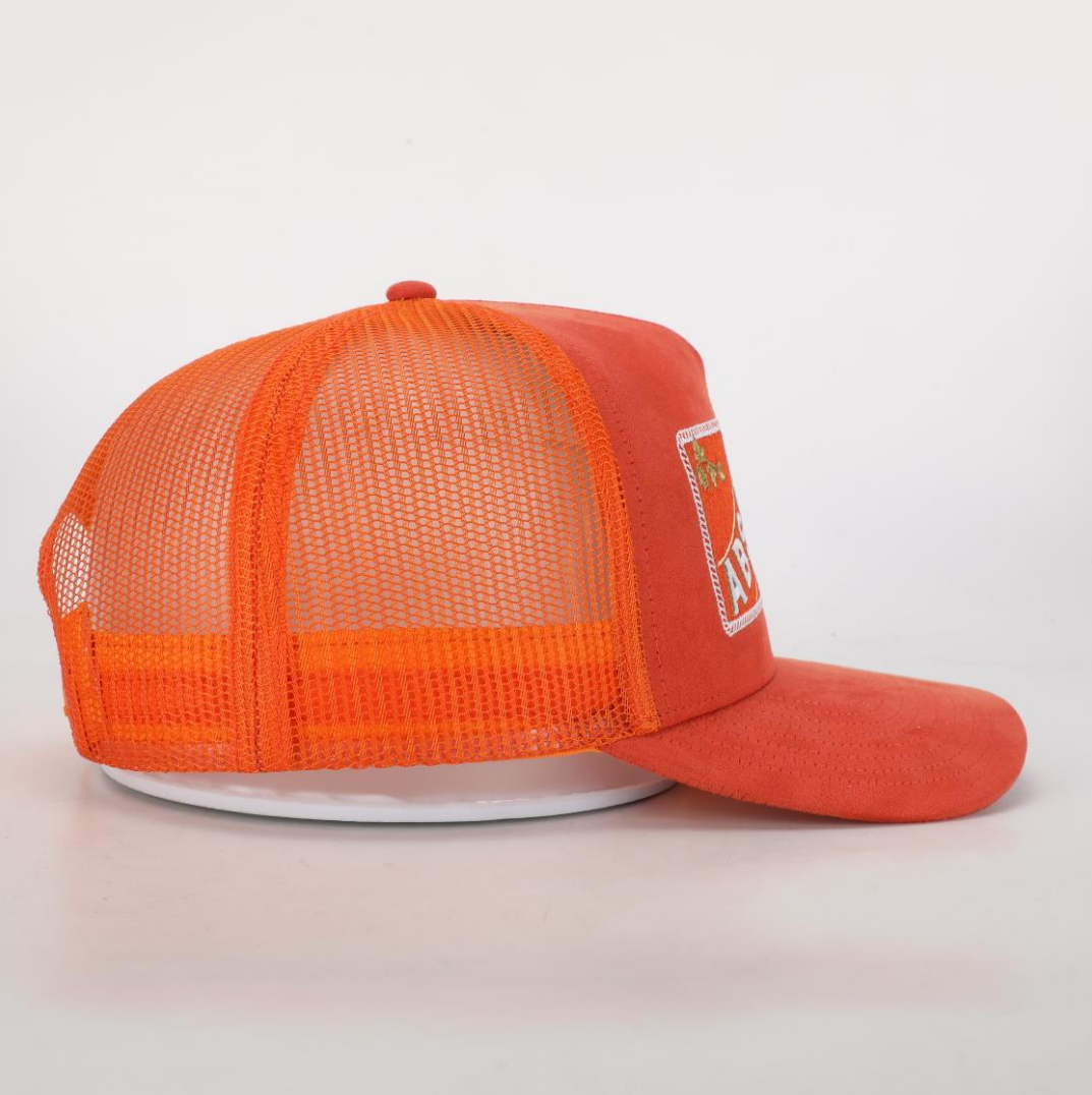 Burnt Orange 5-Panel Suede Trucker Hat with Absolute One Embroidery