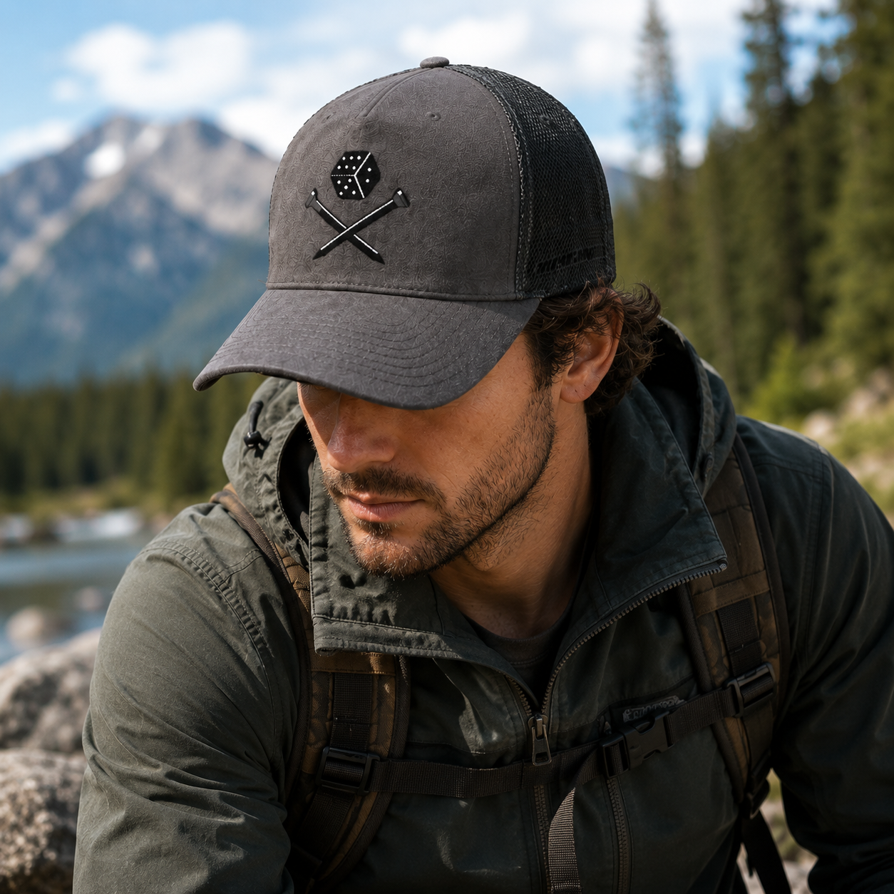 Charcoal Suede Mesh Trucker Hat with Dice and Crossed Nails Embroidery