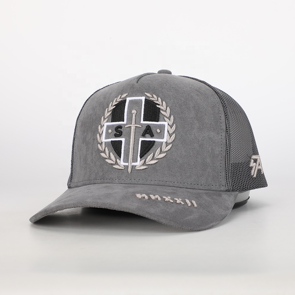 Grey Suede Mesh Trucker Cap with Cross Laurel Embroidery – Vintage Street Hat