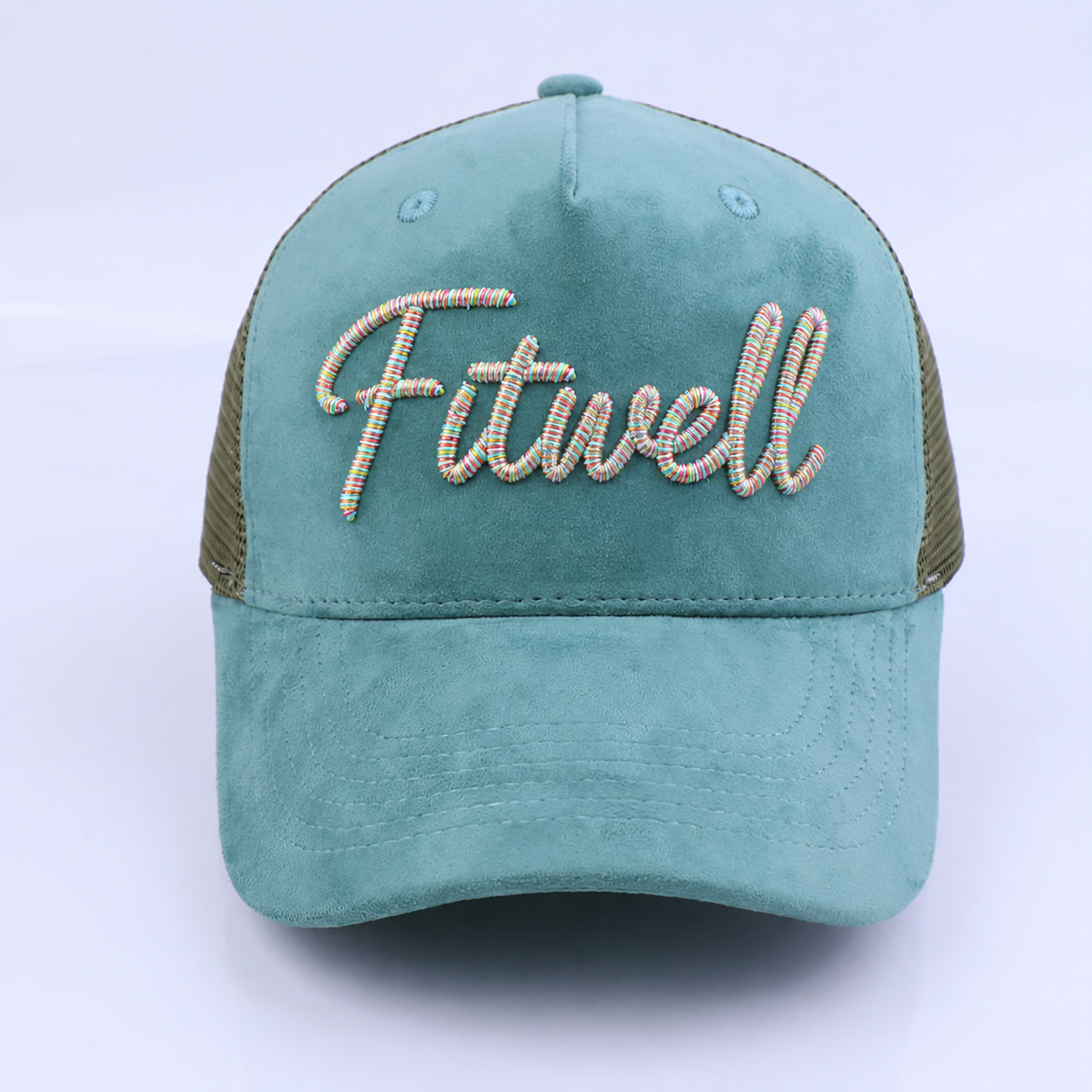 Mint Green Suede Style 5 Panel Trucker Hat with Script Embroidery Logo and Mesh Back Panels