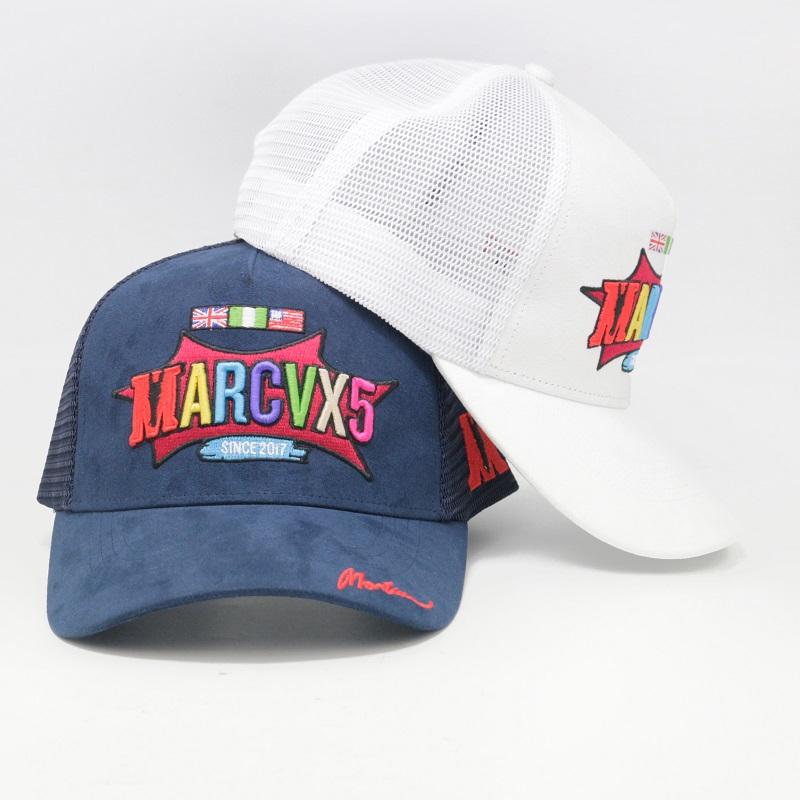 Navy and White Multicolor Logo Embroidered Suede Trucker Hat