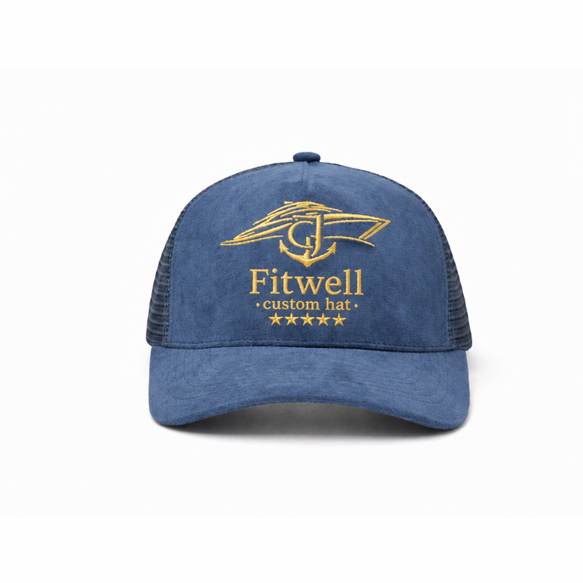 Wholesale Custom Logo Mesh Trucker Hat, Navy Blue Sailing Style, Curved Brim Breathable Outdoor Sports Cap