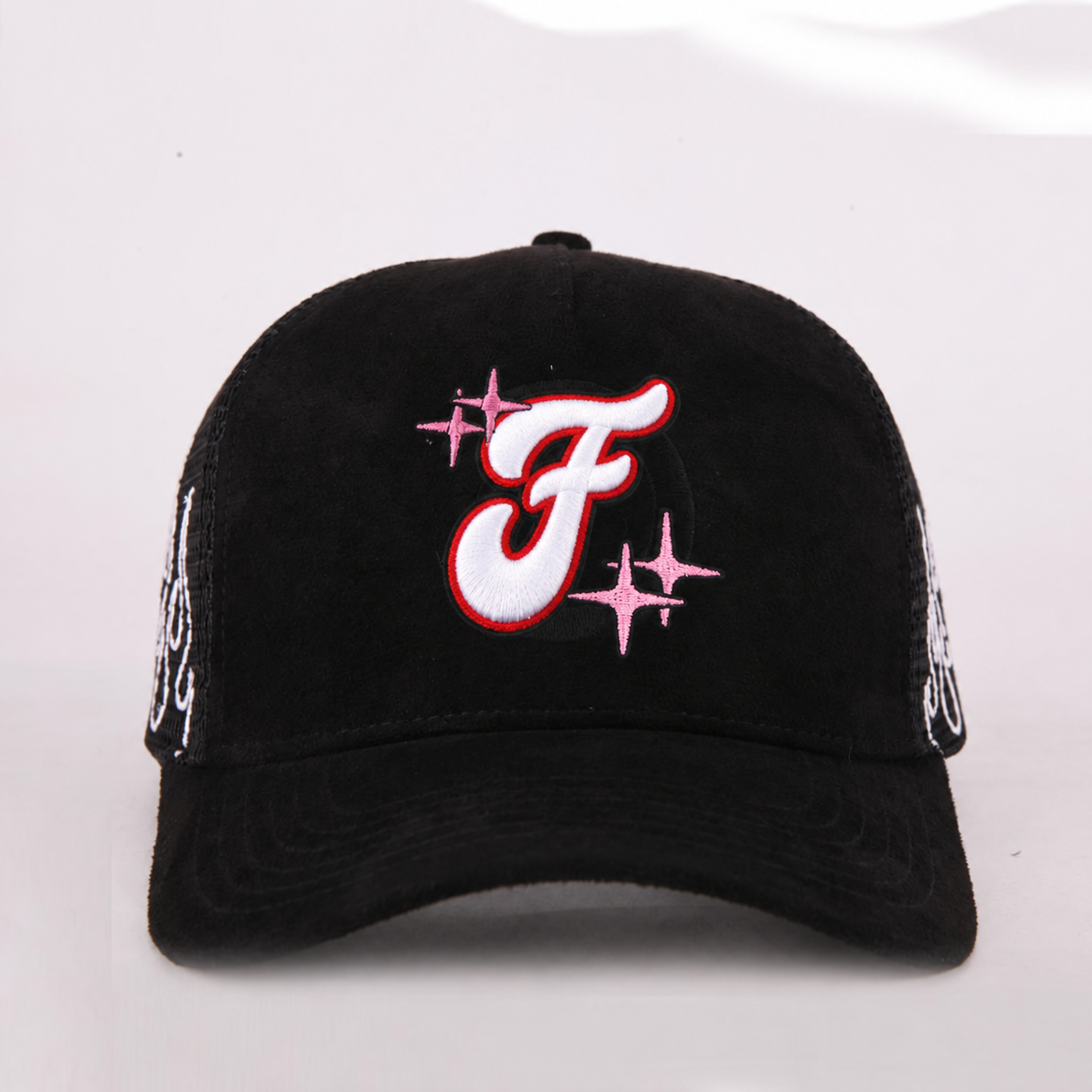Vintage Suede Mesh Trucker Cap with Embroidered Graphic Logo and Adjustable Snapback