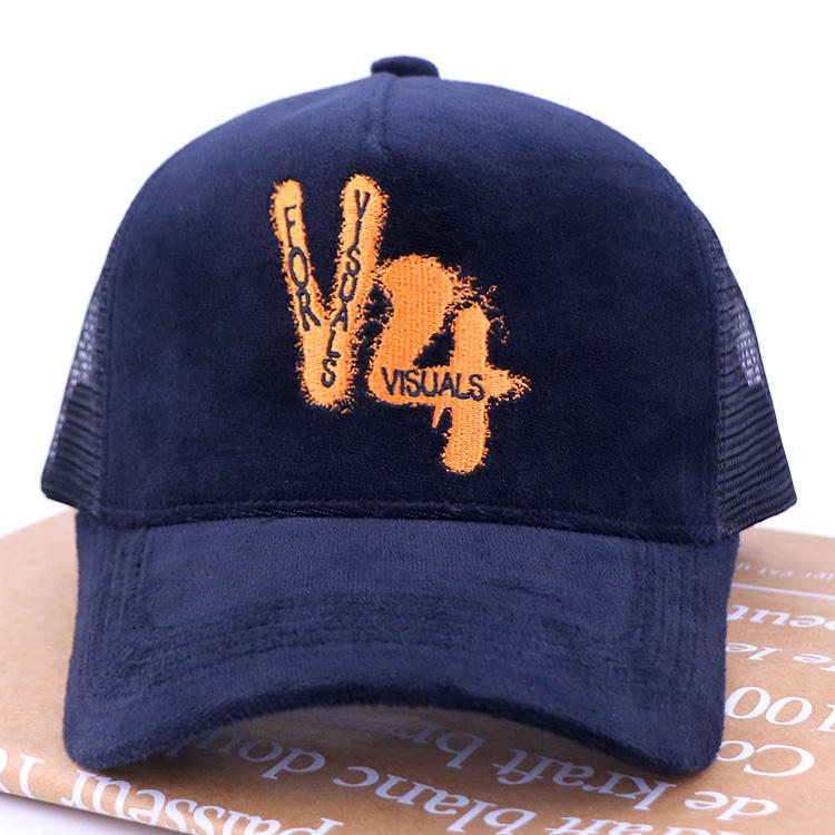 Navy Suede Mesh Trucker Cap with Orange Embroidered Graphic