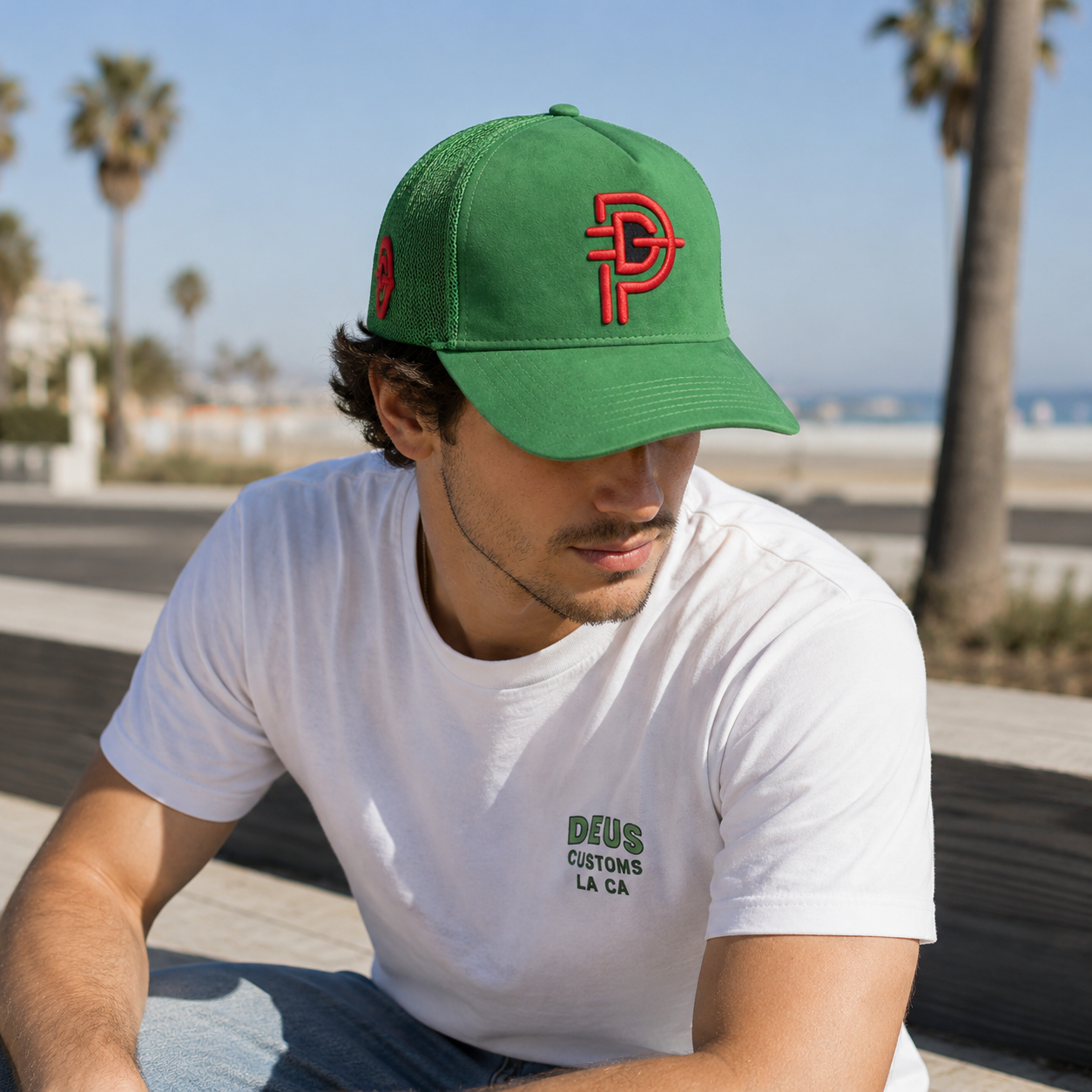 Green Suede 5 Panel Trucker Cap with Raised Red Embroidered Logo