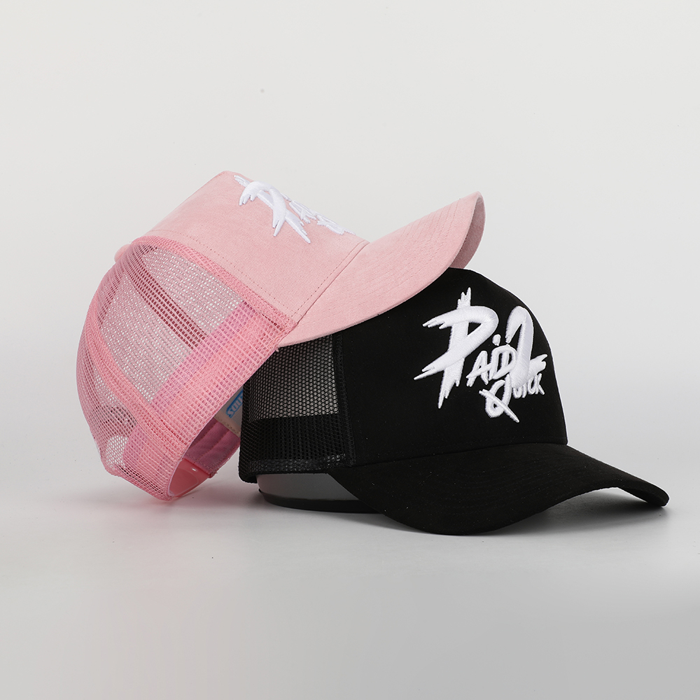 Three-Color Suede Mesh Trucker Cap with Bold White Embroidery