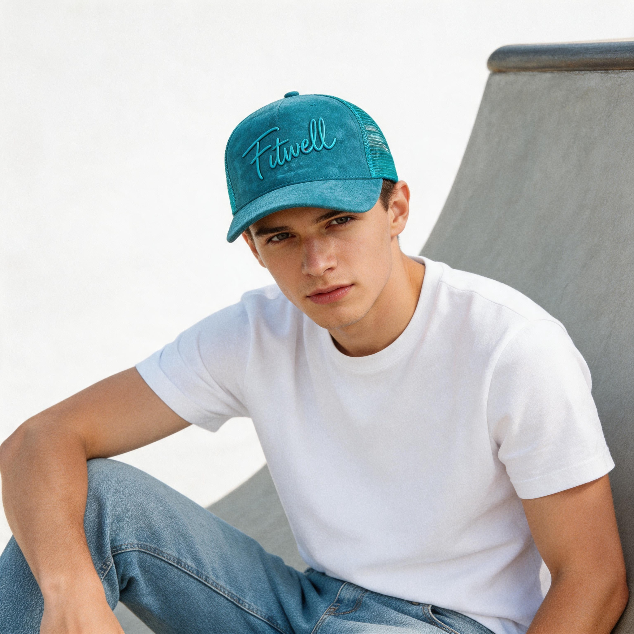 Thirty Script Logo Suede Mesh Trucker Cap with Tonal Embroidery, Curved Brim and Breathable Back – Turquoise Charcoal Burgundy