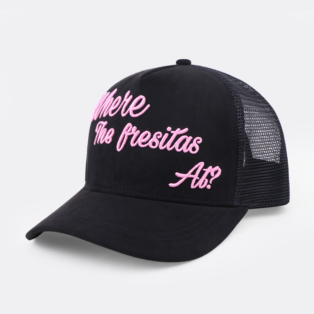 Black Suede Mesh Trucker Cap with Pink Script Embroidery