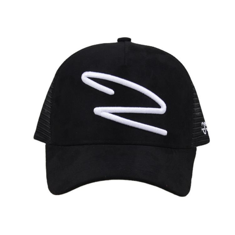 Black Suede Mesh Trucker Cap with White Embroidery Logo