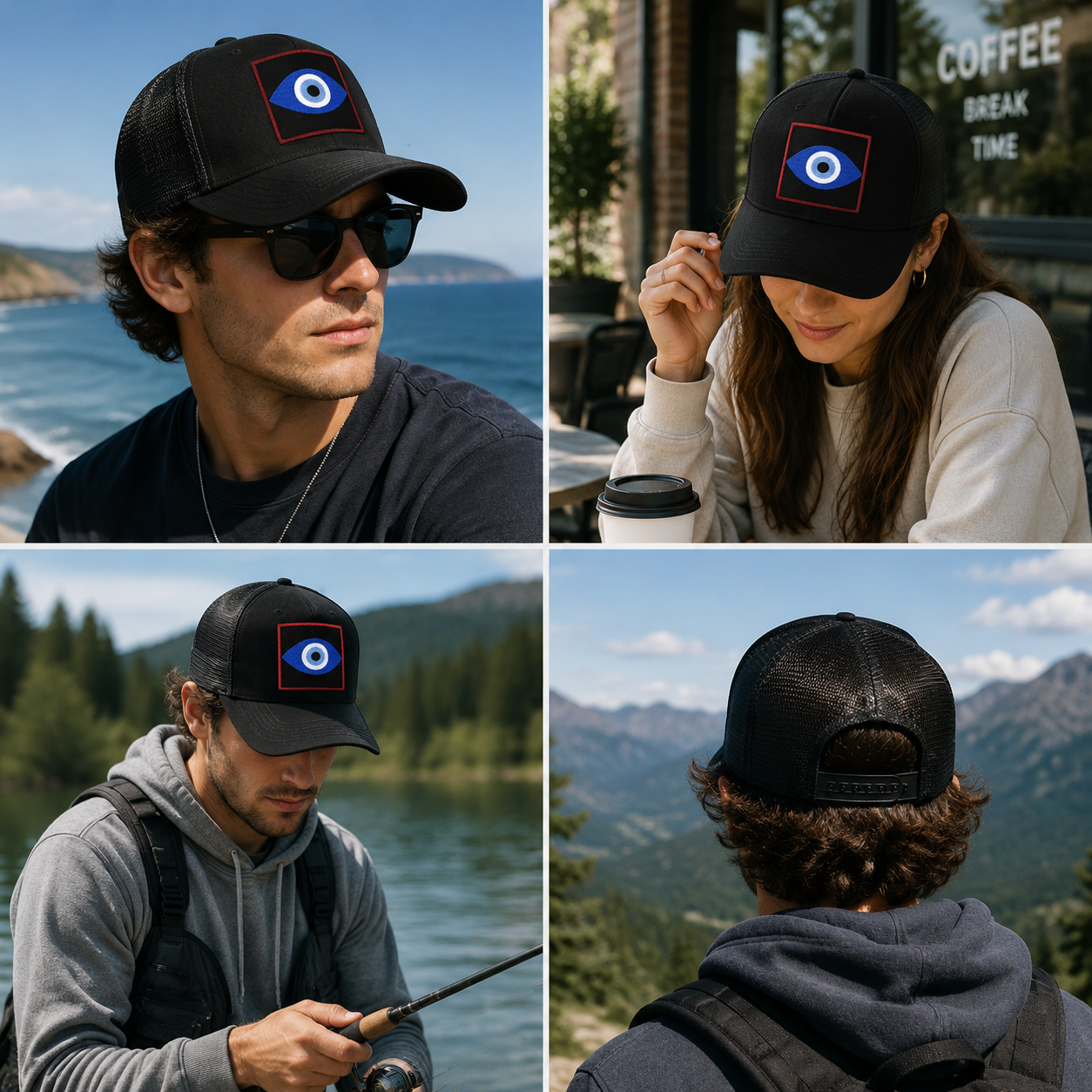 Black Evil Eye Embroidered Mesh Trucker Cap – Streetwear Snapback Hat