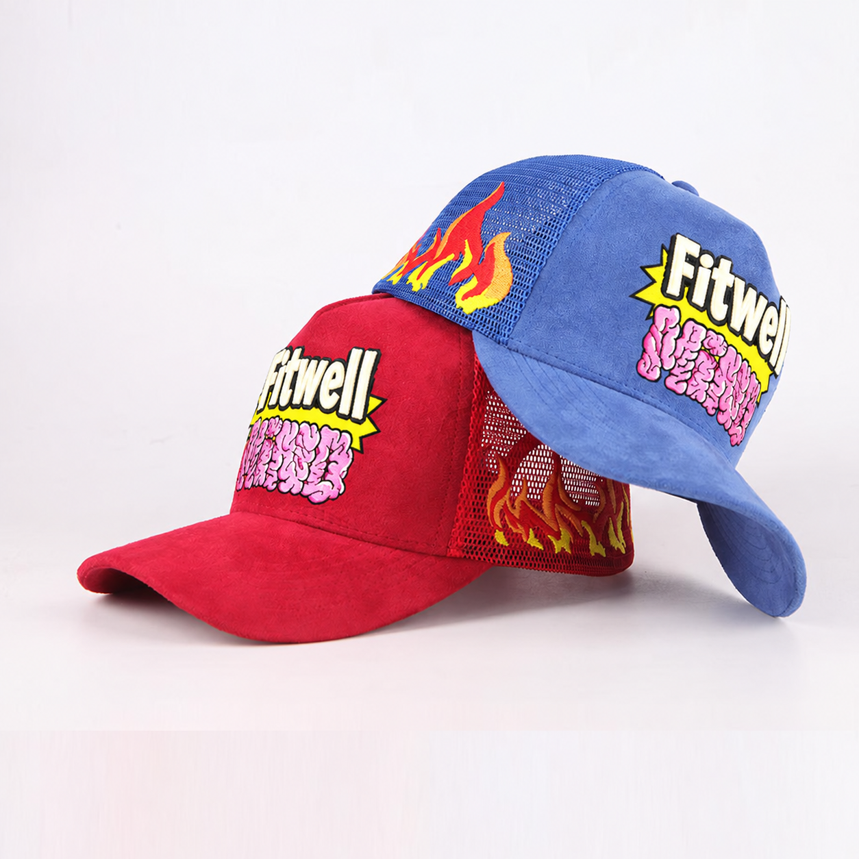 Red and Blue Suede-Style 5-Panel Mesh Trucker Caps with Raised Front Graphic Embroidery, Flame Side Detail and Curved Brim