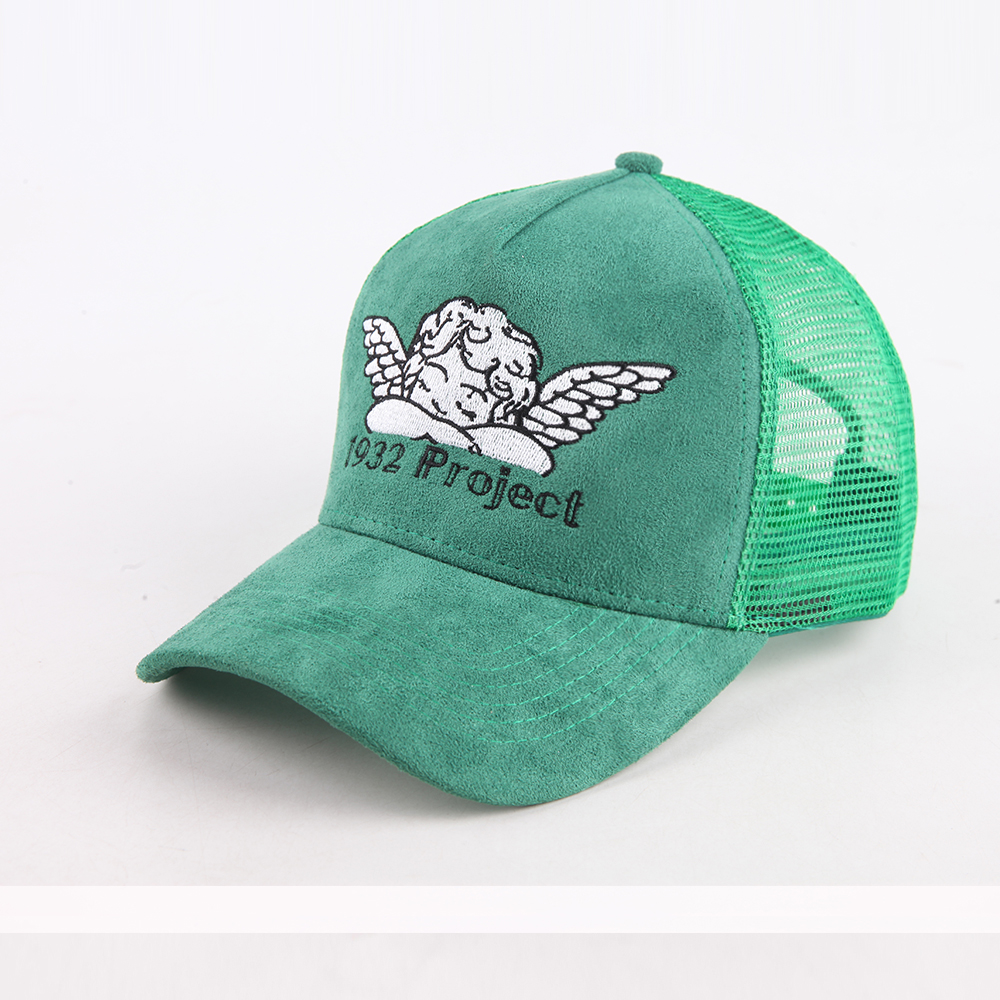 Emerald Green Suede Mesh Trucker Cap with Cherub Embroidery