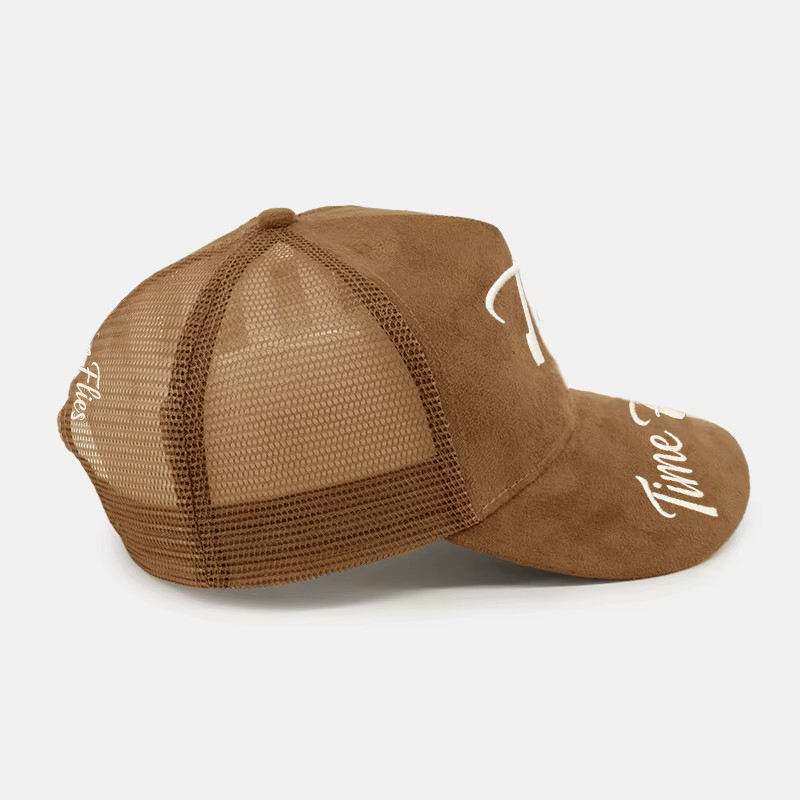 Brown Suede 5 Panel Trucker Cap with Time Flies Embroidery