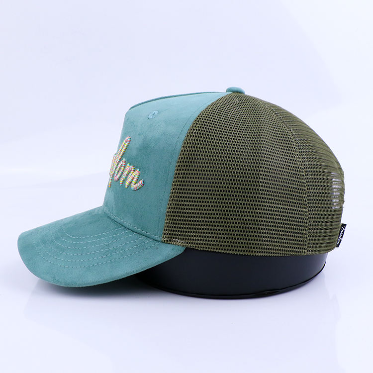 Mint Green Suede Style 5 Panel Trucker Hat with Script Embroidery Logo and Mesh Back Panels