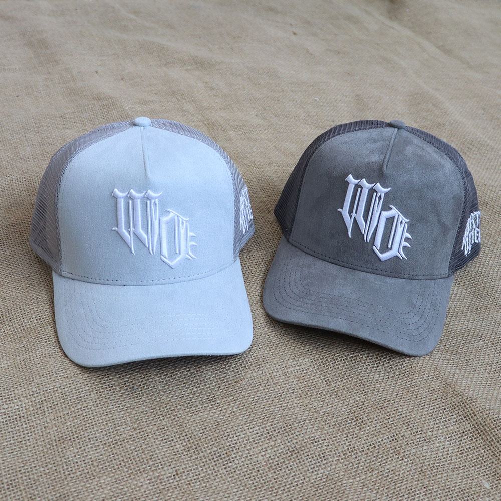 Two Tone Suede Trucker Hat with Embroidered Logo 5 Panel Mesh Back Baseball Cap