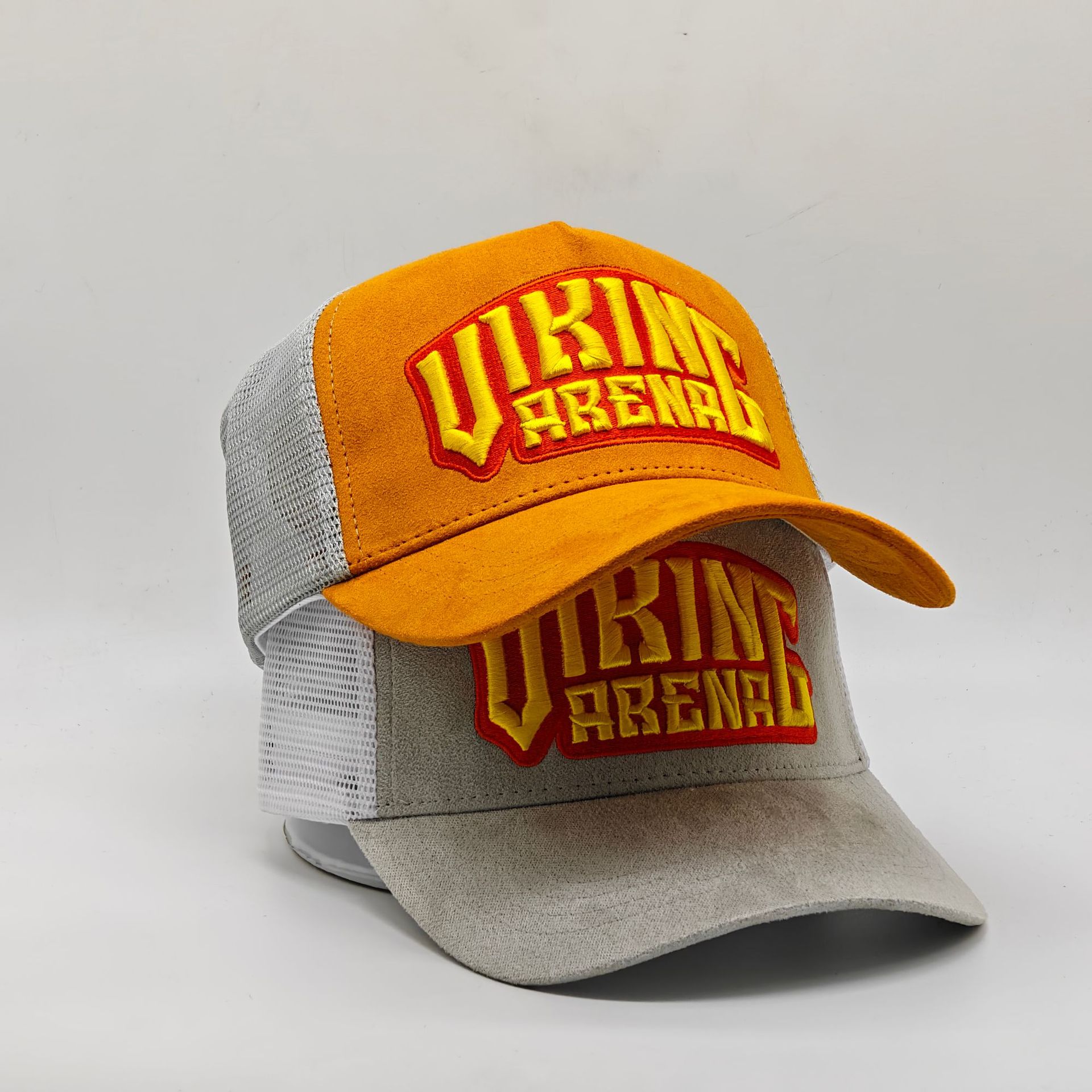 Two-Tone Suede Mesh Trucker Cap with Raised Logo Embroidery