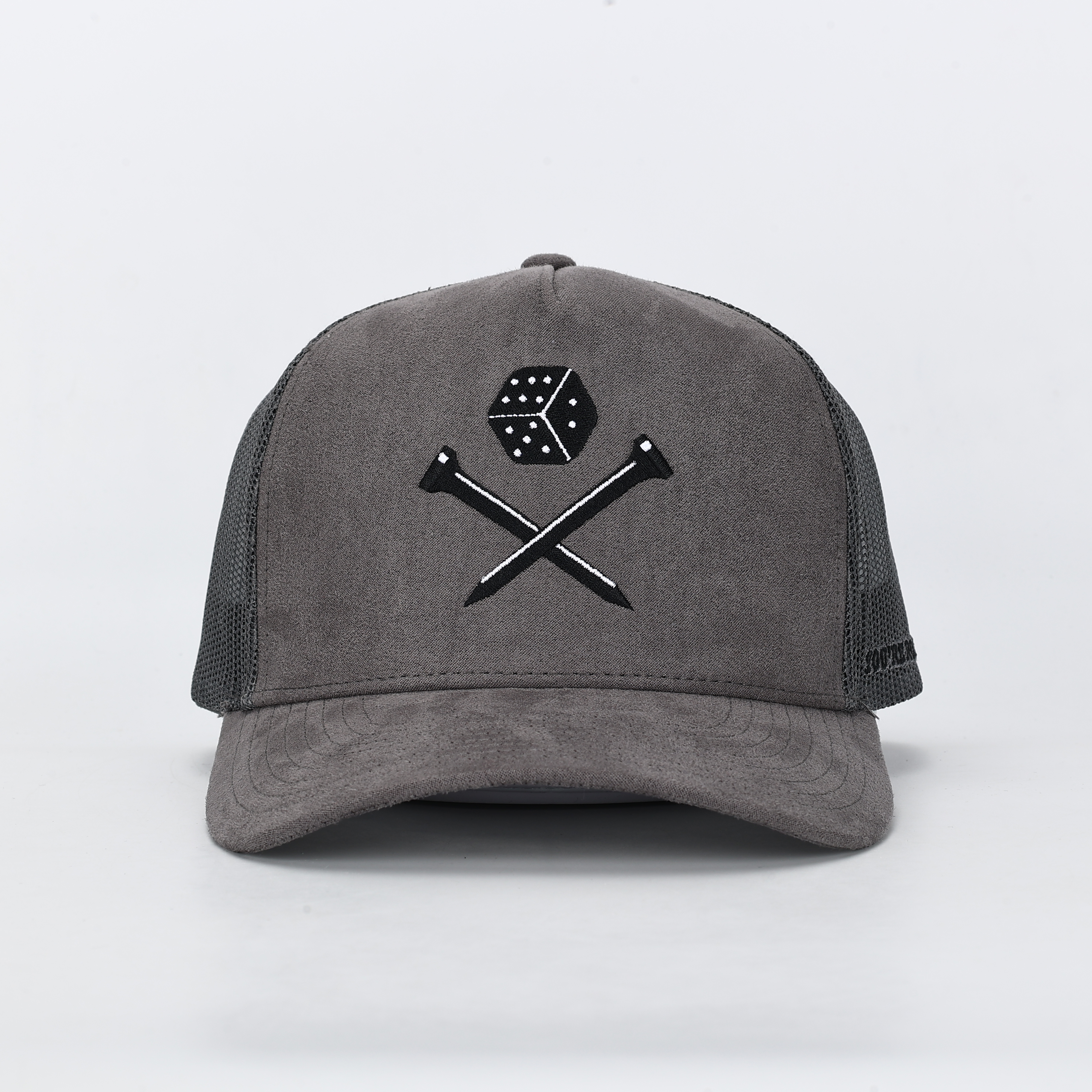 Charcoal Suede Mesh Trucker Hat with Dice and Crossed Nails Embroidery
