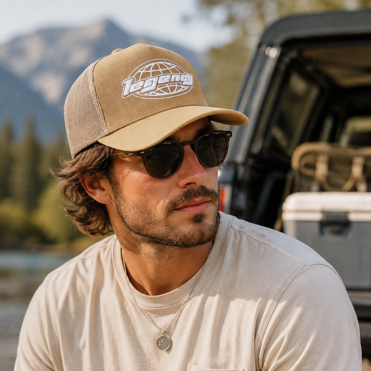 Vintage Khaki Suede Mesh Trucker Cap with White Embroidered Logo and Adjustable Snapback Closure