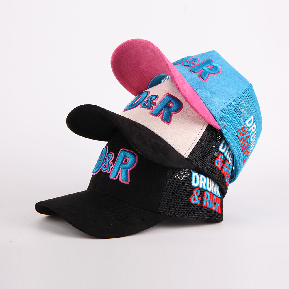 Two-Tone Suede Five-Panel Mesh Trucker Cap with 3D D&R Embroidery and Curved Brim