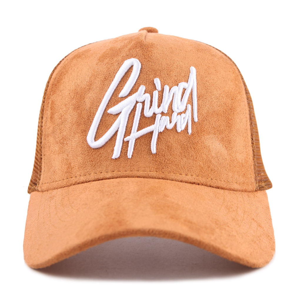 Premium Suede Trucker Cap with Embroidered Script Logo, Mesh Back Panels and Curved Brim – Unisex 5-Panel Casual Hat