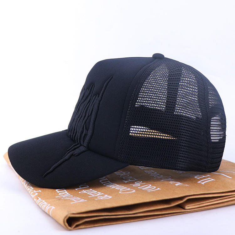 Midnight Black Tonal Gothic Flame Embroidered Mesh Trucker Cap