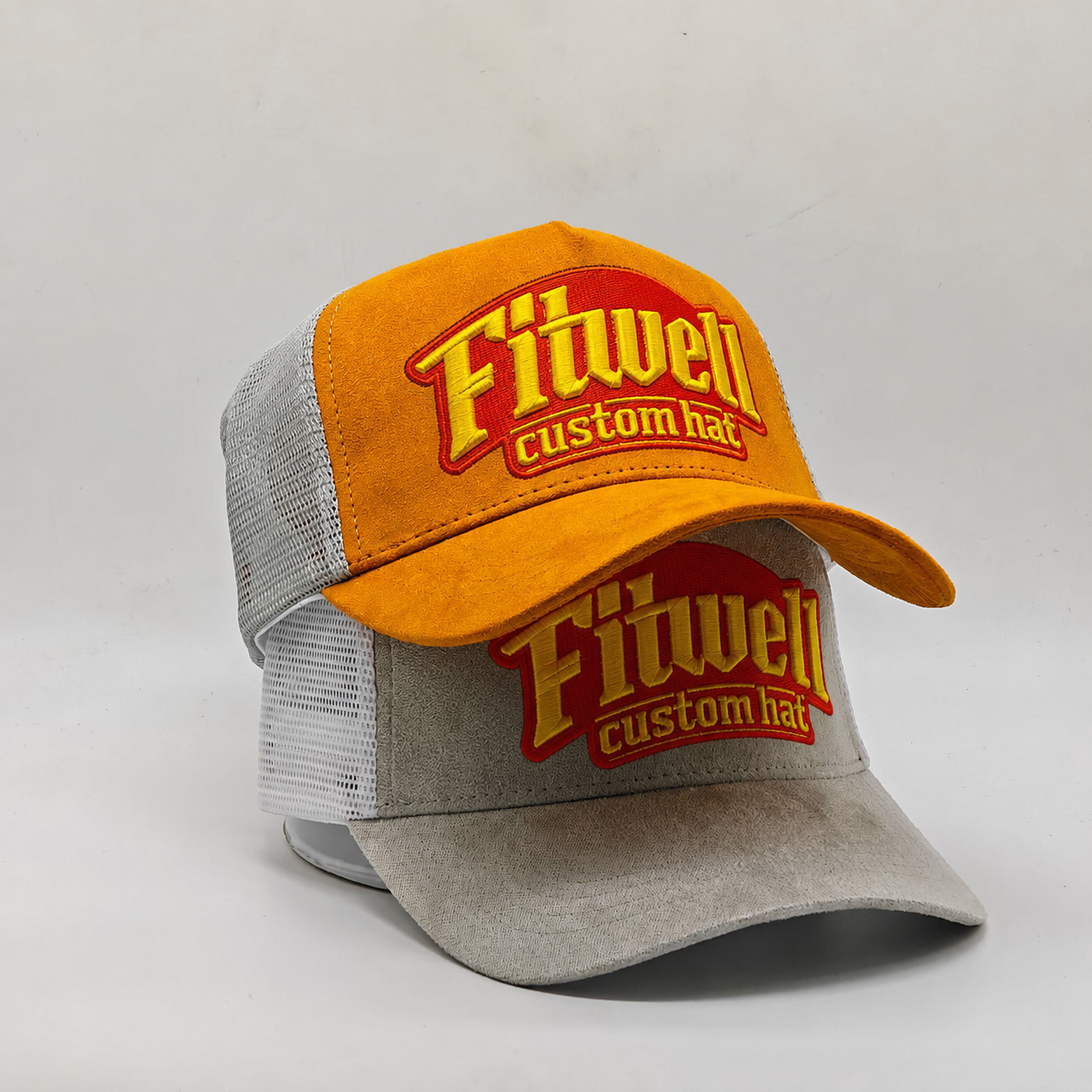 Two-Tone Suede Mesh Trucker Cap with Raised Logo Embroidery