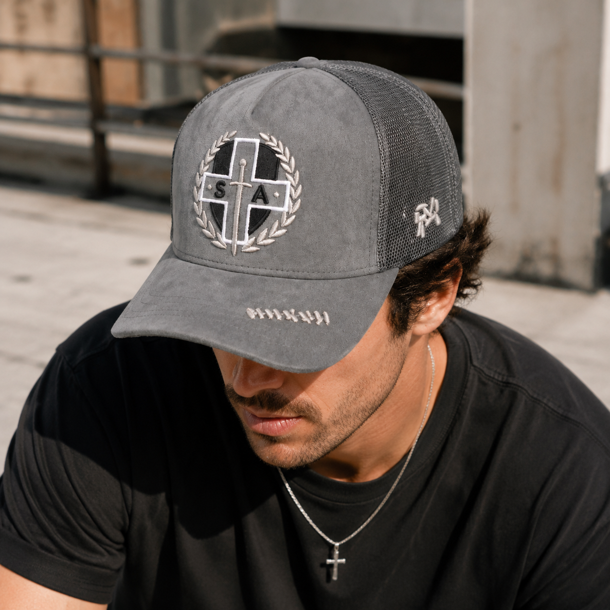 Grey Suede Mesh Trucker Cap with Cross Laurel Embroidery – Vintage Street Hat
