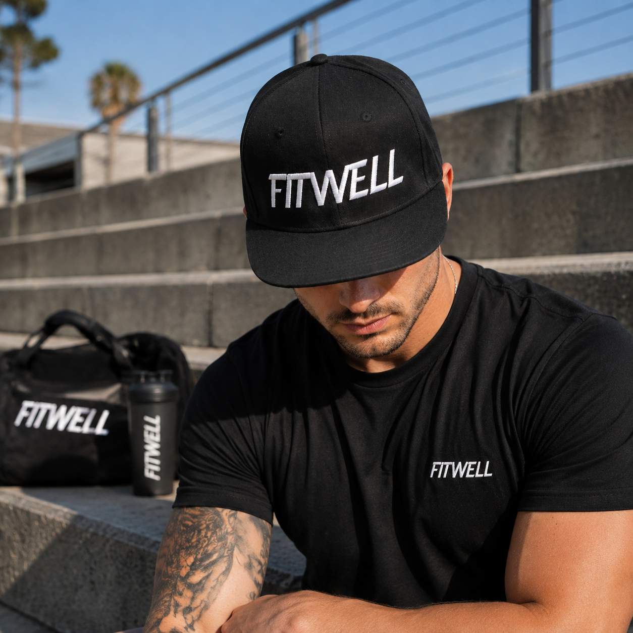 Black Flat Brim Snapback Cap with Embroidered Logo