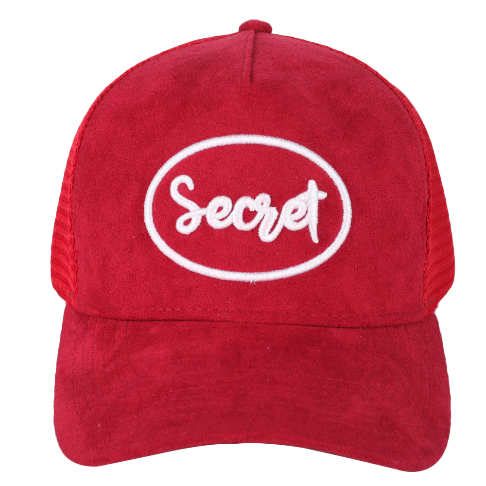 Red Suede Trucker Hat with White Embroidered Logo and Mesh Back Panel