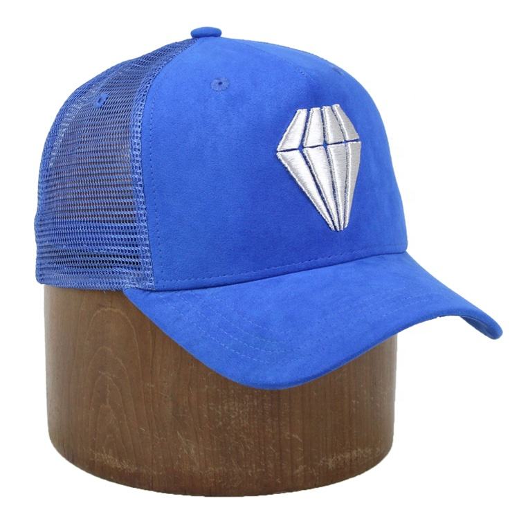 Royal Blue Suede-Style Mesh Trucker Cap with White Diamond Embroidery