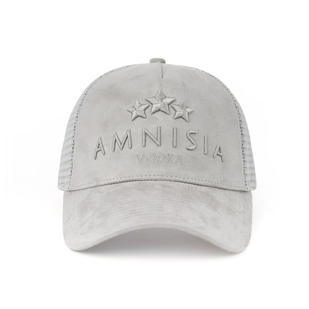 Gray Suede Three-Star Tonal Embroidered 5-Panel Trucker Hat