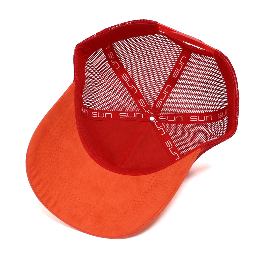 Orange Embroidered Eye Symbol Five Panel Suede Trucker Cap with Mesh Back