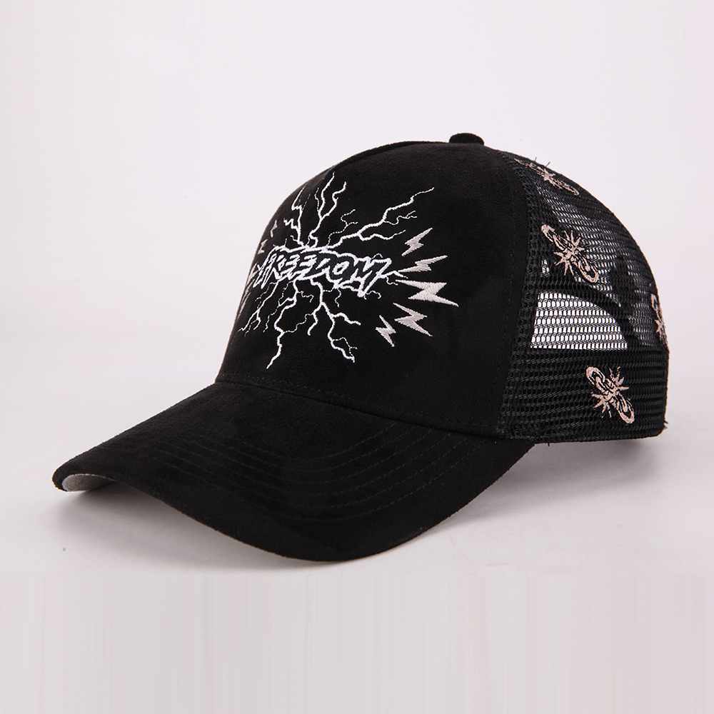 Black Mesh Back Trucker Hat with Embroidered Lightning Graphic Design