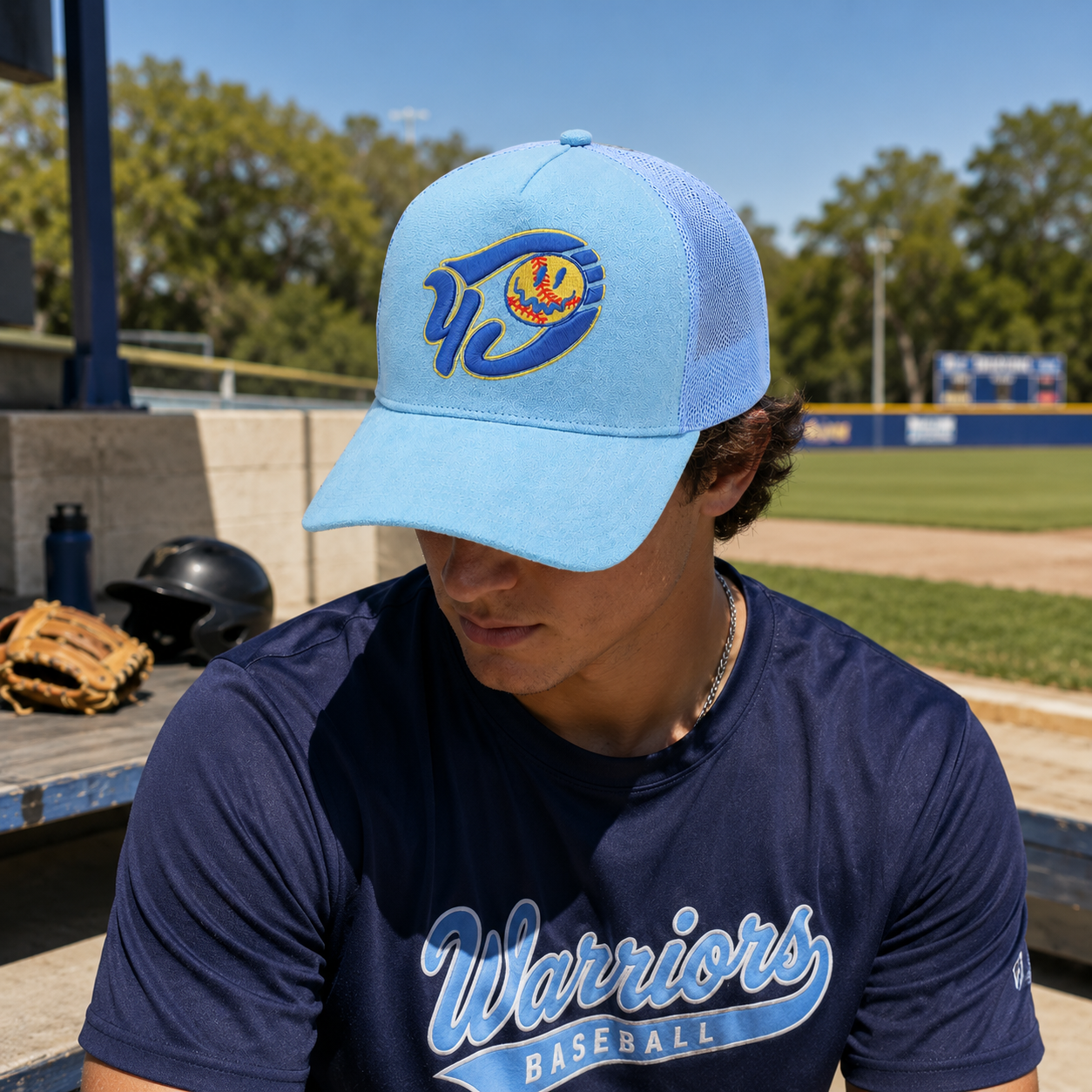Light Blue Suede Mesh Trucker Cap with Baseball Graphic Embroidery