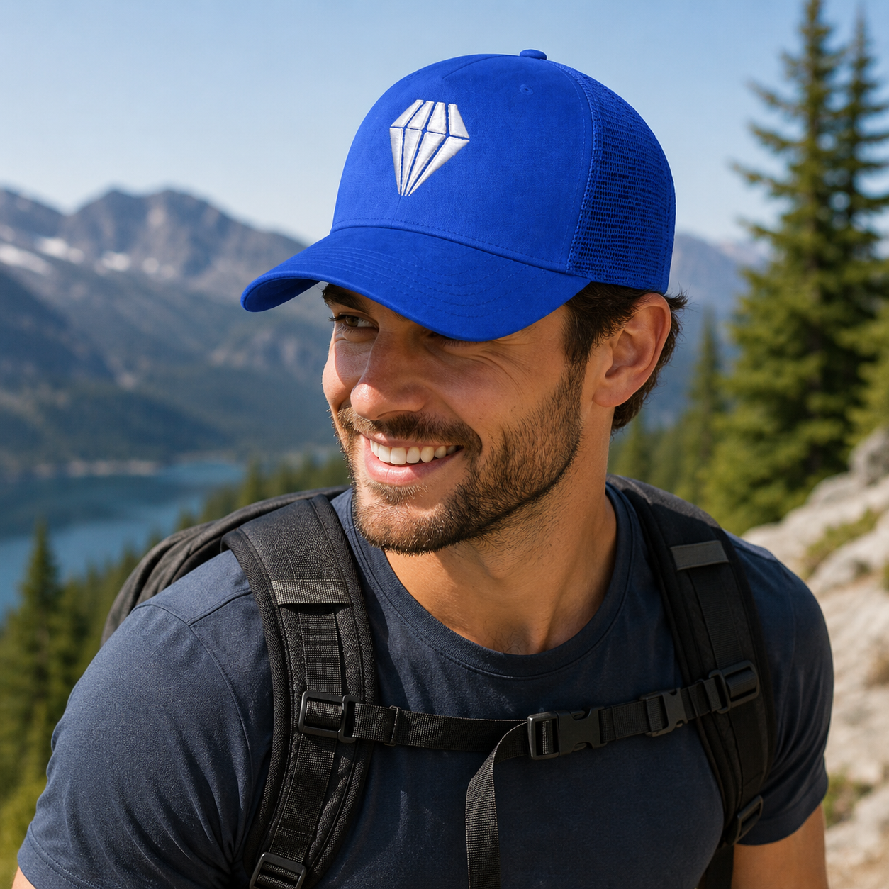 Royal Blue Suede-Style Mesh Trucker Cap with White Diamond Embroidery