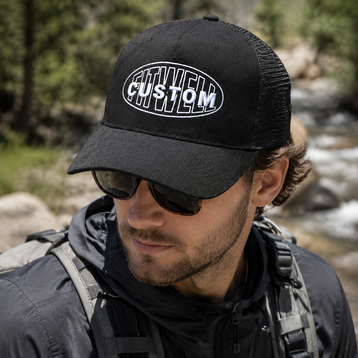 Black 5 Panel Mesh Trucker Hat with Embroidered Logo Adjustable Streetwear Cap