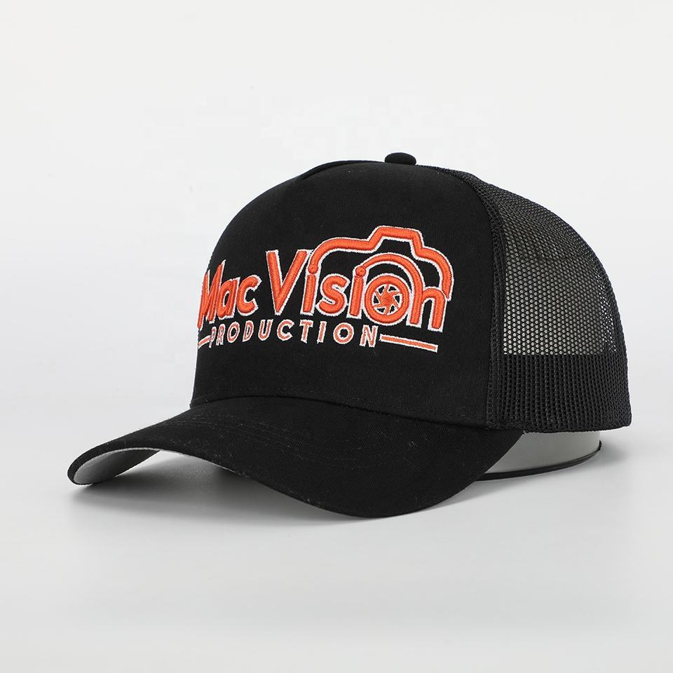 Black Mesh Trucker Cap with Orange Camera Logo Embroidery