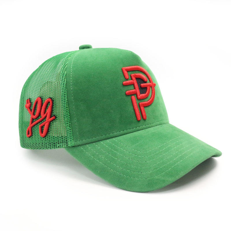 Green Suede 5 Panel Trucker Cap with Raised Red Embroidered Logo