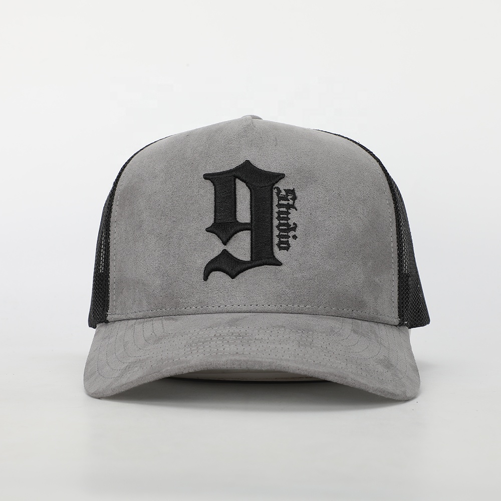 Gray Suede Mesh Trucker Cap with Black Gothic Letter Embroidery