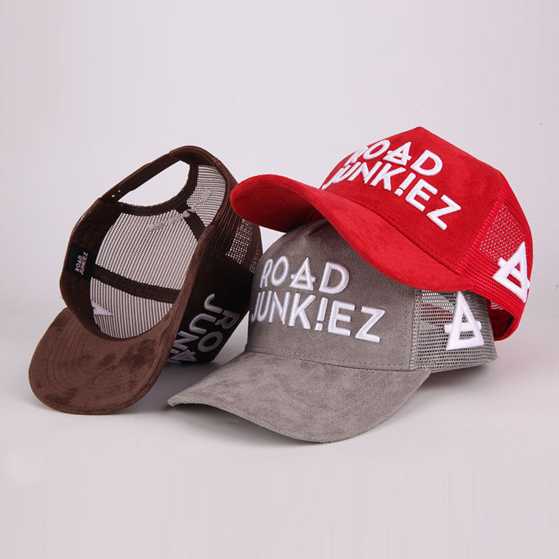 Suede Mesh Trucker Hat with Raised Road Junkiez Embroidery