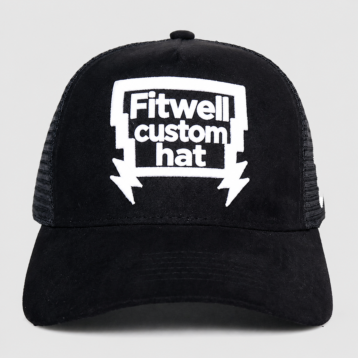 Black Suede Front Mesh Trucker Cap with Bold White Embroidered Graphic