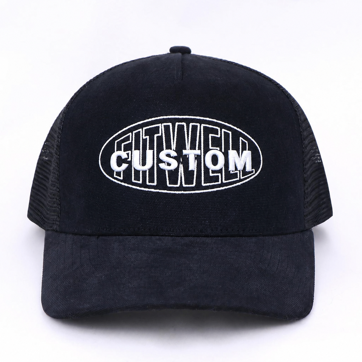 Black 5 Panel Mesh Trucker Hat with Embroidered Logo Adjustable Streetwear Cap